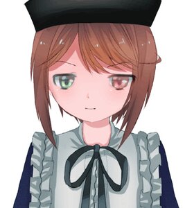 Rating: Safe Score: 0 Tags: 1girl apron bangs brown_eyes brown_hair closed_mouth eyebrows_visible_through_hair frills hat image looking_at_viewer ribbon short_hair simple_background solo souseiseki striped white_background User: admin