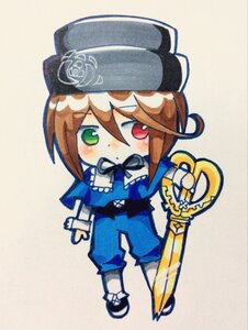 Rating: Safe Score: 0 Tags: 1girl blue_dress blush bow bowtie brown_hair chibi full_body green_eyes hat heterochromia image long_sleeves pants red_eyes short_hair solo souseiseki standing sword top_hat weapon User: admin