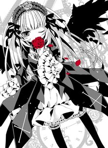 Rating: Safe Score: 0 Tags: 1girl bird_wings commentary_request cross dress flower frilled_sleeves frills gothic_lolita greyscale hairband highres holding holding_flower image lolita_fashion lolita_hairband long_hair long_sleeves monochrome moru one_eye_closed red_flower red_rose rose rozen_maiden solo suigintou thighhighs very_long_hair wings User: admin