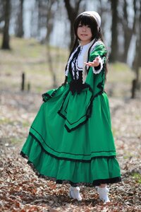Rating: Safe Score: 0 Tags: 1girl black_hair blurry blurry_background closed_eyes day depth_of_field dress facing_viewer full_body green_dress long_hair outdoors photo photo_background solo standing suiseiseki User: admin