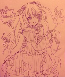 Rating: Safe Score: 0 Tags: 1girl barasuishou dress flower frills hair_ornament image long_hair long_sleeves looking_at_viewer monochrome smile solo thighhighs traditional_media two_side_up User: admin