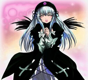 Rating: Safe Score: 0 Tags: 1girl :d black_dress black_wings blush closed_eyes dress frills hairband image juliet_sleeves long_hair long_sleeves namamo_nanase open_mouth own_hands_together ribbon rozen_maiden silver_hair smile solo standing suigintou wings User: admin