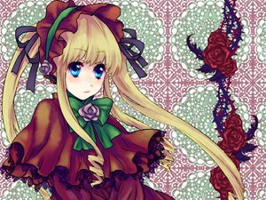 Rating: Safe Score: 0 Tags: 1girl blonde_hair blue_eyes blush bonnet bow bowtie capelet dress flower green_bow image long_hair long_sleeves looking_at_viewer pink_rose red_flower red_rose rose shinku sidelocks solo twintails User: admin