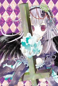 Rating: Safe Score: 0 Tags: 1girl argyle argyle_background argyle_legwear checkered checkered_background checkered_floor chess_piece dress hair_ornament image long_hair red_eyes silver_hair solo suigintou User: admin