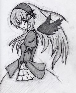 Rating: Safe Score: 0 Tags: 1girl auto_tagged blush dress greyscale hat image juliet_sleeves long_hair long_sleeves looking_at_viewer monochrome puffy_sleeves simple_background solo suigintou traditional_media wings User: admin