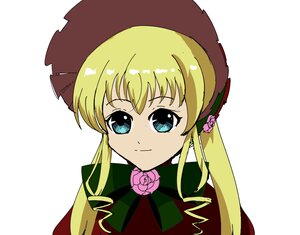 Rating: Safe Score: 0 Tags: 1girl bangs blonde_hair blue_eyes bonnet bow bowtie flower hat image long_hair looking_at_viewer pink_flower pink_rose rose shinku sidelocks simple_background smile solo twintails white_background User: admin