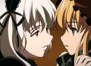 Rating: Safe Score: 0 Tags: 2girls black_ribbon blonde_hair close-up eye_contact hair_ribbon image looking_at_another multiple_girls pair profile ribbon shinku simple_background suigintou User: admin