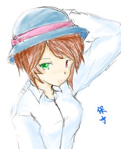 Rating: Safe Score: 0 Tags: 1girl blush bow brown_hair collared_shirt green_eyes hat heterochromia image long_sleeves looking_at_viewer pink_bow pink_headwear red_eyes shirt short_hair simple_background sketch solo souseiseki suiseiseki upper_body white_background white_shirt User: admin