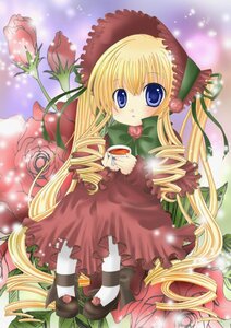 Rating: Safe Score: 0 Tags: 1girl blonde_hair blue_eyes blush bonnet bow capelet cup dress drill_hair flower green_bow hat holding holding_cup image long_hair long_sleeves looking_at_viewer pink_rose rose shinku shoes sidelocks sitting solo teacup twin_drills very_long_hair User: admin
