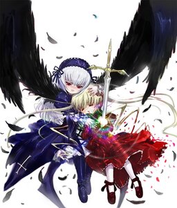 Rating: Safe Score: 0 Tags: 2girls black_wings blonde_hair boots closed_eyes dress feathers flower hairband hug image long_hair long_sleeves multiple_girls pair petals red_eyes rose shinku silver_hair suigintou sword weapon wings User: admin