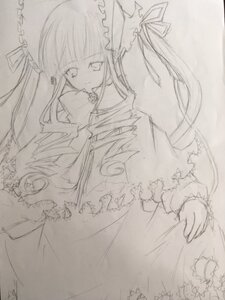 Rating: Safe Score: 0 Tags: 1girl bow dress frills greyscale image long_hair long_sleeves looking_at_viewer monochrome shinku sketch solo traditional_media very_long_hair User: admin