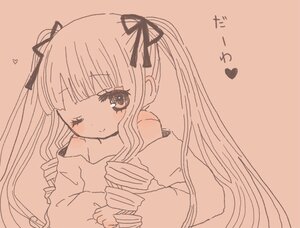 Rating: Safe Score: 0 Tags: 1girl ;) bangs blush closed_mouth eyebrows_visible_through_hair hair_ribbon heart holding image long_hair long_sleeves monochrome one_eye_closed ribbon shinku simple_background smile solo twintails upper_body User: admin