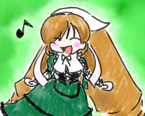Rating: Safe Score: 0 Tags: 1girl brown_hair closed_eyes dress eighth_note green_background green_skirt image long_hair musical_note open_mouth smile solo suiseiseki traditional_media User: admin