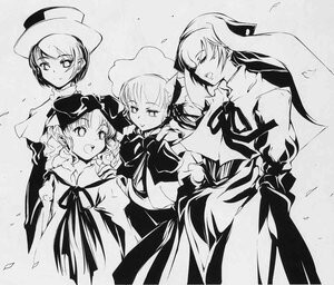 Rating: Safe Score: 0 Tags: 4girls braid dress drill_hair greyscale hat image long_hair long_sleeves luna_child monochrome multiple multiple_girls open_mouth short_hair smile tagme User: admin