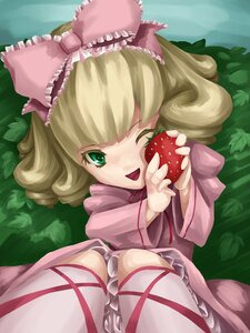 Rating: Safe Score: 0 Tags: 1girl apple blonde_hair bow food frills fruit green_eyes hina_ichigo hinaichigo holding holding_food holding_fruit image long_sleeves looking_at_viewer nature object_namesake one_eye_closed open_mouth pink_bow ribbon short_hair sitting smile solo strawberry User: admin