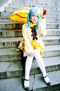 Rating: Safe Score: 0 Tags: 1girl blue_hair dress high_heels kanaria pantyhose sitting solo stairs umbrella white_legwear User: admin