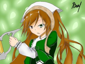 Rating: Safe Score: 0 Tags: 1girl brown_hair dress green_background green_dress green_eyes head_scarf heterochromia holding image juliet_sleeves long_hair long_sleeves puffy_sleeves solo suiseiseki upper_body very_long_hair weapon User: admin