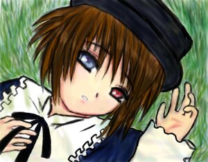 Rating: Safe Score: 0 Tags: 1girl blue_dress blue_eyes brown_hair dress grass hat image long_sleeves looking_at_viewer motion_blur outdoors short_hair solo souseiseki User: admin