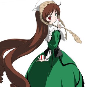 Rating: Safe Score: 0 Tags: 1girl brown_hair dress finger_to_mouth frills gift green_dress green_eyes hat head_scarf heterochromia image index_finger_raised long_hair long_sleeves looking_at_viewer looking_back red_eyes smile solo suiseiseki twintails vertical_stripes very_long_hair white_background User: admin
