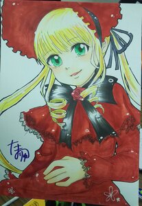 Rating: Safe Score: 0 Tags: 1girl bangs blonde_hair bonnet drill_hair frills green_eyes image long_hair long_sleeves looking_at_viewer marker_(medium) photo shinku smile solo traditional_media twintails upper_body User: admin