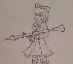 Rating: Safe Score: 0 Tags: 1girl dress gun hat hinaichigo image monochrome rifle smile solo traditional_media weapon User: admin