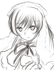Rating: Safe Score: 0 Tags: 1girl blush dress eyebrows_visible_through_hair greyscale image long_hair long_sleeves looking_at_viewer monochrome ribbon simple_background sketch solo suiseiseki upper_body white_background User: admin