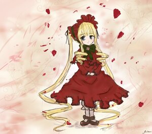 Rating: Safe Score: 0 Tags: 1girl blonde_hair blue_eyes bonnet bow bowtie dress full_body image long_hair long_sleeves looking_at_viewer petals red_dress rose_petals shinku shoes solo standing twintails very_long_hair User: admin