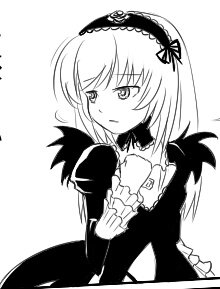 Rating: Safe Score: 0 Tags: 1girl bangs detached_collar dress eyebrows_visible_through_hair frilled_sleeves frills greyscale hairband image long_hair long_sleeves monochrome simple_background solo striped suigintou upper_body white_background wings User: admin