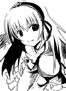 Rating: Safe Score: 0 Tags: 1girl bare_shoulders closed_mouth collarbone dress greyscale hairband image lolita_hairband long_hair looking_at_viewer monochrome ribbon simple_background smile solo suigintou upper_body white_background User: admin