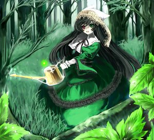 Rating: Safe Score: 0 Tags: 1girl cup dress forest frills grass green_dress green_eyes green_theme heterochromia holding image long_hair long_sleeves nature open_mouth outdoors plant red_eyes solo suiseiseki tree very_long_hair water watering_can User: admin