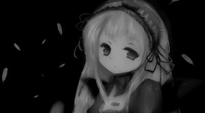 Rating: Safe Score: 0 Tags: 1girl bangs black_background closed_mouth dress frilled_hairband greyscale hairband image long_hair looking_at_viewer monochrome petals ribbon simple_background solo suigintou User: admin