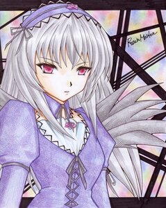 Rating: Safe Score: 0 Tags: 1girl black_wings cross-laced_clothes detached_collar dress flower frills hairband image juliet_sleeves long_hair long_sleeves looking_at_viewer pink_eyes puffy_sleeves ribbon rose silver_hair solo suigintou traditional_media upper_body window wings User: admin