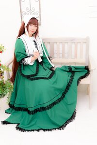 Rating: Safe Score: 0 Tags: 1girl bangs brown_hair dress flower frills green_dress long_hair long_sleeves looking_at_viewer solo suiseiseki very_long_hair User: admin