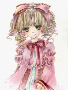 Rating: Safe Score: 0 Tags: 1girl blonde_hair bow dress drill_hair frills green_eyes hina_ichigo hinaichigo image juliet_sleeves long_sleeves looking_at_viewer pink_bow pink_dress puffy_sleeves ribbon simple_background solo striped User: admin