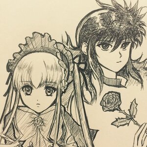 Rating: Safe Score: 0 Tags: 2girls bonnet flower frown image long_hair looking_at_viewer monochrome multiple_girls rose shinku solo traditional_media User: admin