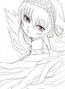 Rating: Safe Score: 0 Tags: 1girl angel_wings bangs closed_mouth eyebrows_visible_through_hair feathered_wings greyscale hair_between_eyes hair_ribbon image long_hair looking_at_viewer monochrome ribbon solo suigintou upper_body white_background wings User: admin
