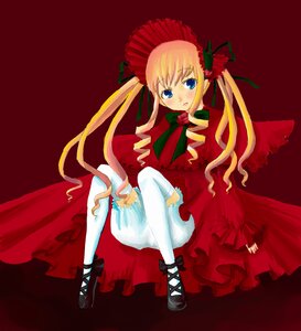 Rating: Safe Score: 0 Tags: 1girl blonde_hair bloomers blue_eyes blush bonnet bow bowtie dress drill_hair full_body green_bow image long_hair long_sleeves looking_at_viewer red_dress shinku simple_background sitting solo twin_drills twintails underwear white_legwear User: admin