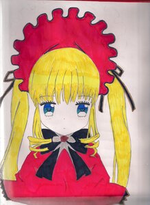 Rating: Safe Score: 0 Tags: 1girl bangs blonde_hair blue_eyes bonnet bow bowtie dress drill_hair eyebrows_visible_through_hair image long_hair long_sleeves looking_at_viewer red_dress shinku simple_background solo traditional_media twintails upper_body User: admin