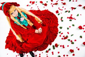 Rating: Safe Score: 0 Tags: 1girl blonde_hair blue_eyes bonnet dress flower long_hair long_sleeves own_hands_together petals red_capelet red_dress red_flower red_rose rose rose_petals shinku sitting solo User: admin