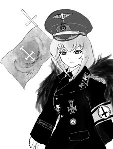 Rating: Safe Score: 0 Tags: 1girl bangs bird closed_mouth eagle emblem greyscale hat image iron_cross itsumi_erika jacket long_hair long_sleeves looking_at_viewer medal military military_hat military_uniform military_vehicle monochrome smile solo standing suigintou swastika uniform User: admin