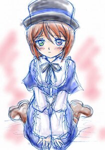 Rating: Safe Score: 0 Tags: 1girl blue_dress blush brown_hair capelet dress full_body hat image long_sleeves looking_at_viewer short_hair sketch solo souseiseki v_arms User: admin