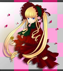 Rating: Safe Score: 0 Tags: 1girl argyle argyle_background blonde_hair blue_eyes bonnet bow bowtie checkered checkered_background checkered_floor dress flower green_bow green_neckwear image long_hair long_sleeves looking_at_viewer petals red_dress shinku solo twintails User: admin