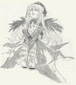 Rating: Safe Score: 0 Tags: 1girl black_wings closed_eyes detached_collar dress flower frills hairband image long_hair long_sleeves monochrome ribbon rose simple_background solo suigintou traditional_media wings User: admin