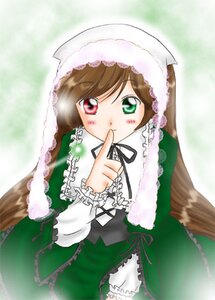 Rating: Safe Score: 0 Tags: 1girl black_ribbon blush brown_hair dress finger_to_mouth frills green_dress green_eyes hat heterochromia image index_finger_raised long_hair long_sleeves looking_at_viewer red_eyes solo standing suiseiseki very_long_hair User: admin