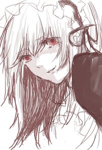Rating: Safe Score: 0 Tags: 1girl bangs dress hat image long_hair long_sleeves looking_at_viewer mob_cap monochrome red_eyes sketch smile solo spot_color suigintou white_background User: admin