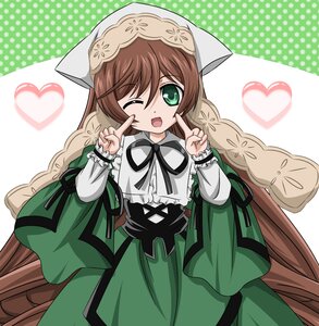 Rating: Safe Score: 3 Tags: 1girl ;d brown_hair commentary_request dress green_dress green_eyes halftone halftone_background heart image index_finger_raised long_hair long_sleeves looking_at_viewer one_eye_closed open_mouth pantyhose polka_dot polka_dot_background rozen_maiden smile solo striped suiseiseki takumi_(rozen_garten) vertical_stripes very_long_hair User: admin