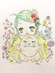 Rating: Safe Score: 0 Tags: 1girl :d ahoge animal bug butterfly cat flower green_eyes green_hair hair_flower hair_ornament image insect kanaria looking_at_viewer no_humans open_mouth pink_flower pink_rose red_flower rose smile solo traditional_media yellow_flower User: admin