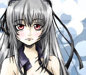 Rating: Safe Score: 0 Tags: 1girl bare_shoulders blush closed_mouth collarbone flower hair_ribbon image long_hair looking_at_viewer red_eyes ribbon silver_hair solo suigintou User: admin
