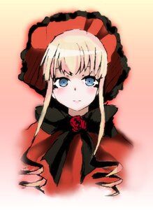 Rating: Safe Score: 0 Tags: 1girl blonde_hair blue_eyes blush bonnet bow bowtie dress flower image long_hair looking_at_viewer red_dress rose shinku sidelocks simple_background solo User: admin