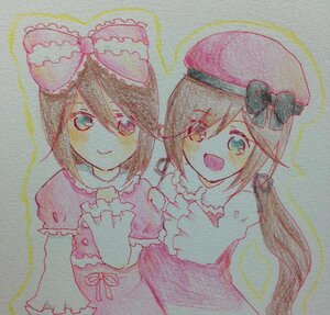 Rating: Safe Score: 0 Tags: 2girls bow dress eyebrows_visible_through_hair hair_bow hat image long_hair looking_at_viewer multiple_girls open_mouth pair short_hair smile souseiseki suiseiseki traditional_media watercolor_(medium) User: admin
